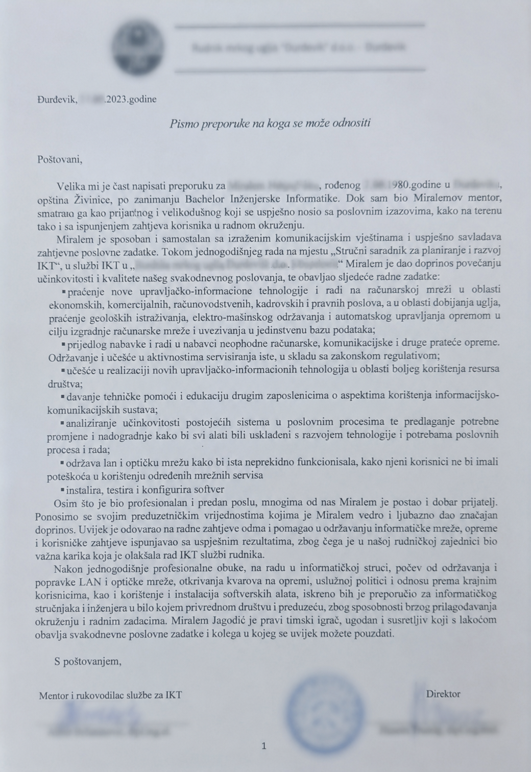 Pismo preporuke RMU Đurđevik